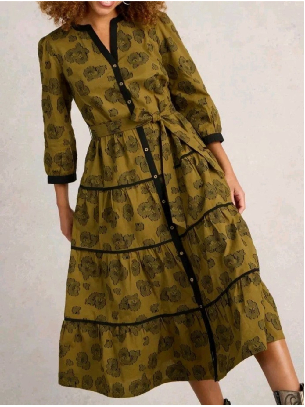 White Stuff Fawn 3/4 Sleeves Tiered Button Down Dress
